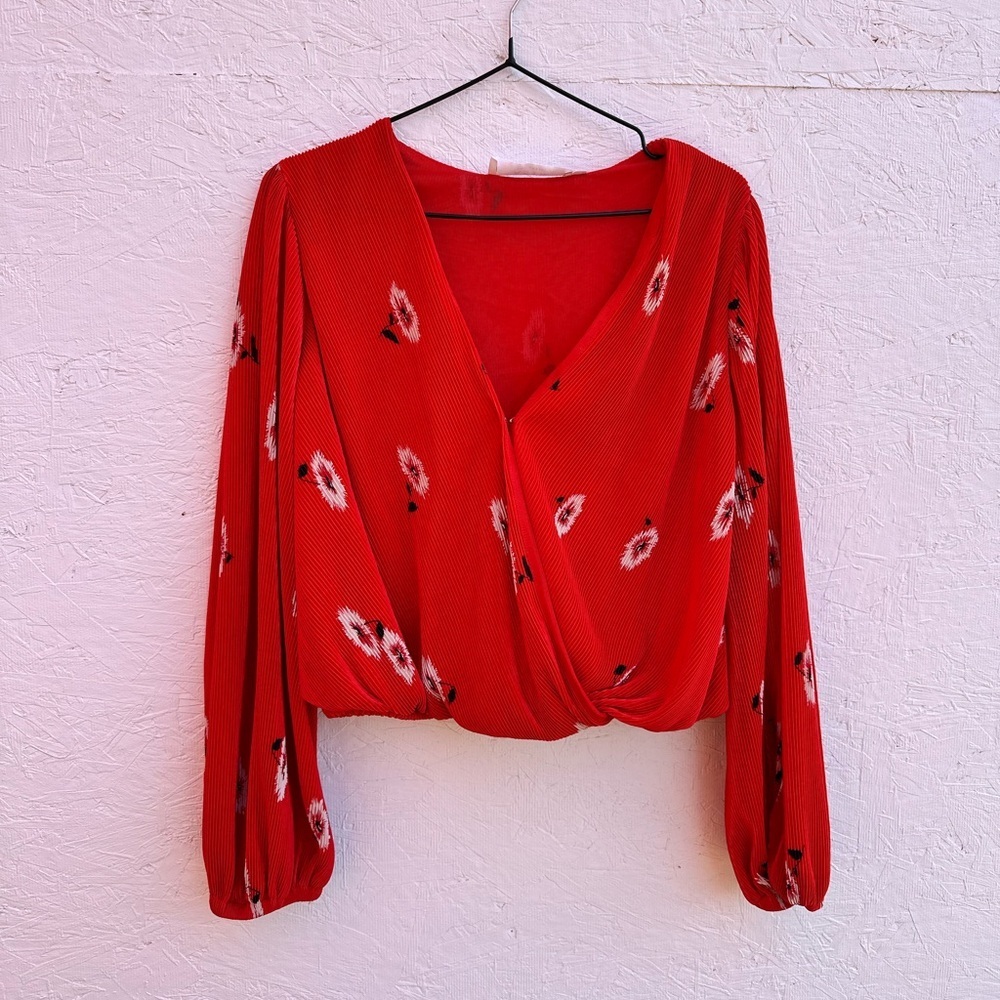 ASTR Pleated Long Sleeve Surplice Top